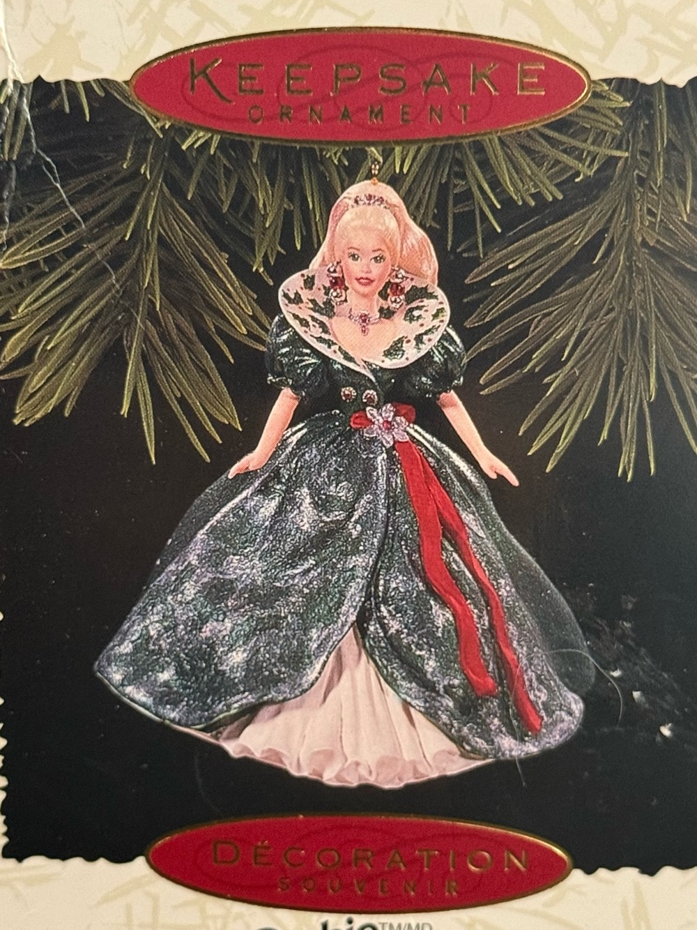 Barbie Handcrafted Dated 1996 Keepsake Ornament Box - Red and Cream